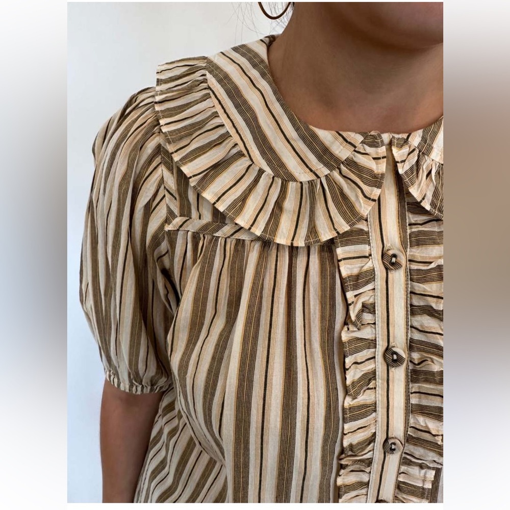 Ulla Johnson Mae Blouse in Sand: Beige + Cream Striped Ruffle-Trim Collar 6